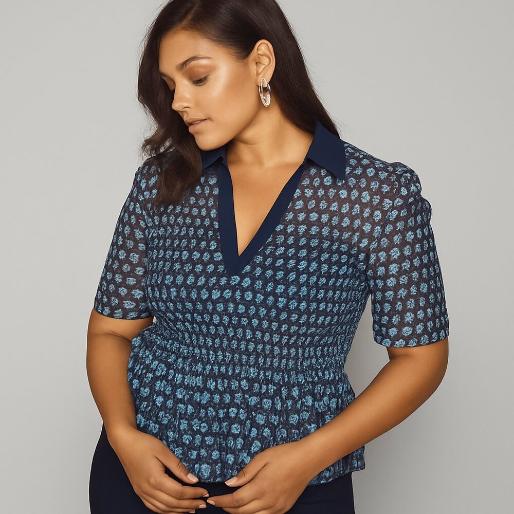 Maeve Anthropologie Navy Print Peplum Top Women’s Large Short Sleeve Boho Y2K